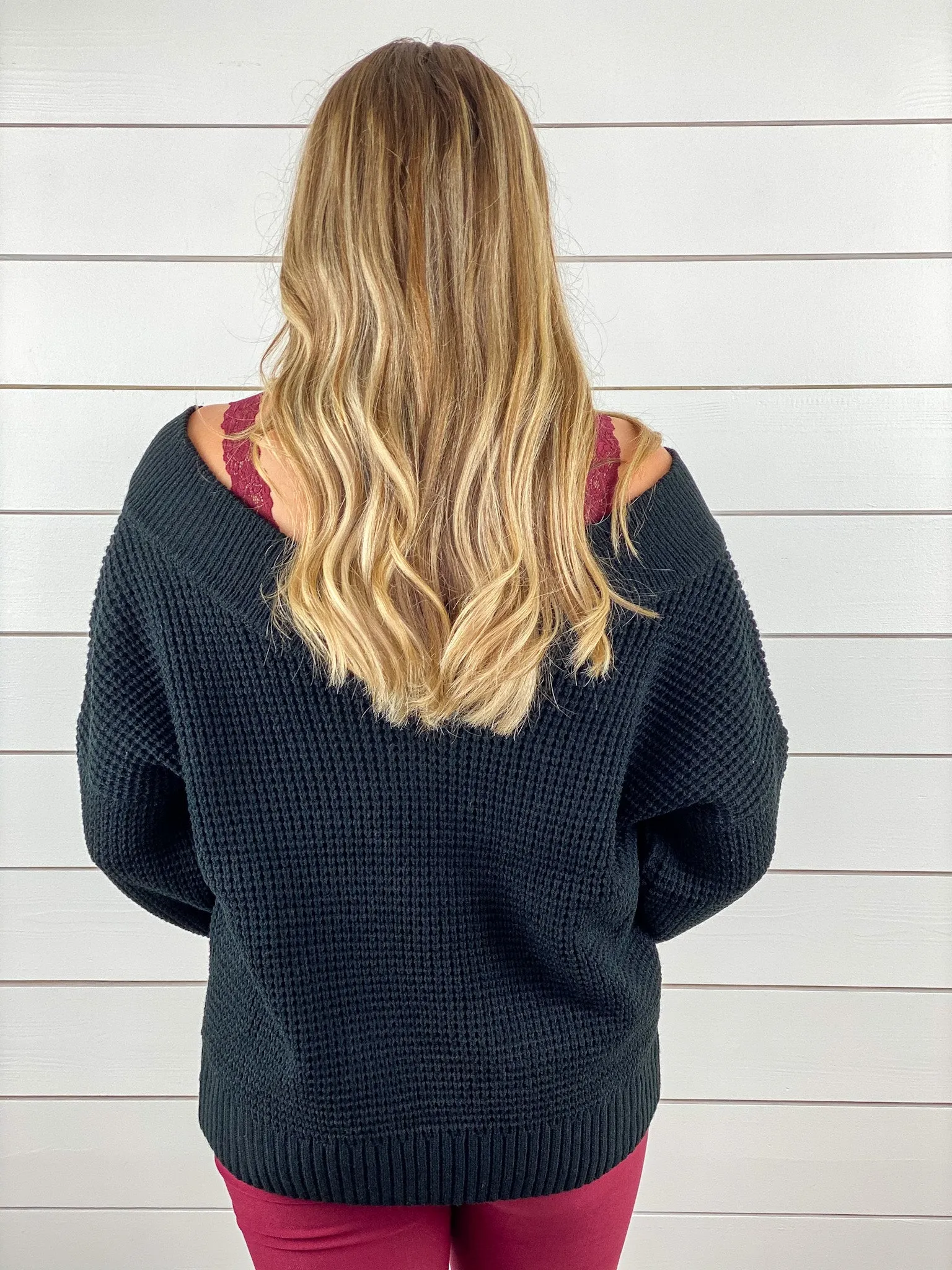 Double-V Waffle Knit Sweater - Black