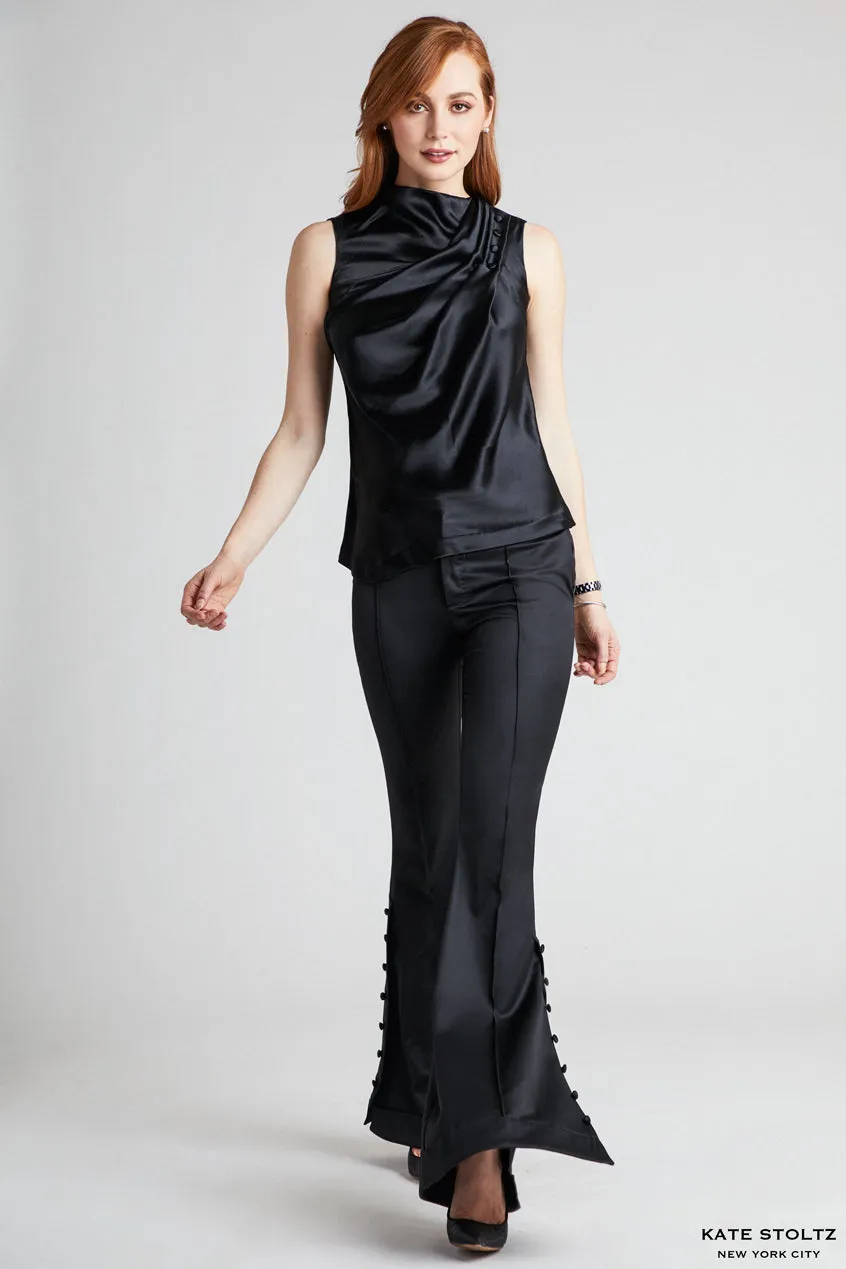 Draped Crepe Back Silk Blouse with Button Detail