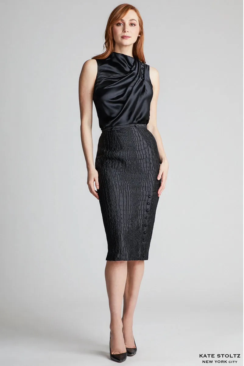 Draped Crepe Back Silk Blouse with Button Detail