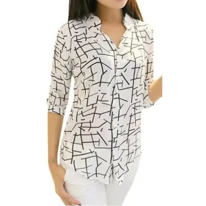 Elegant Lady Blouse White Fashion Women's Long Sleeve Lapel Collar Shirts Black Printed Chiffon Blouses Women Casual Tops