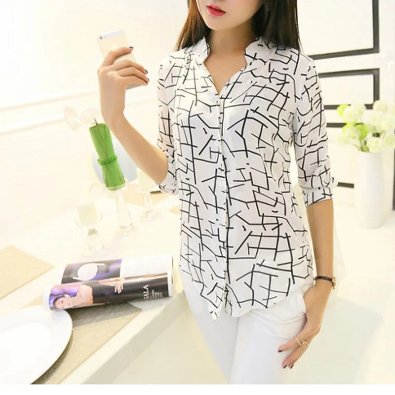 Elegant Lady Blouse White Fashion Women's Long Sleeve Lapel Collar Shirts Black Printed Chiffon Blouses Women Casual Tops