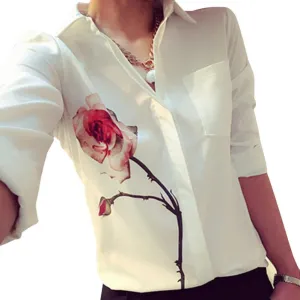 Elegant Lady OL Dress Shirts Women's Long Sleeve Flower Print Blouse Women Fashion Rose Lapel Collar Chiffon Blouses Tops