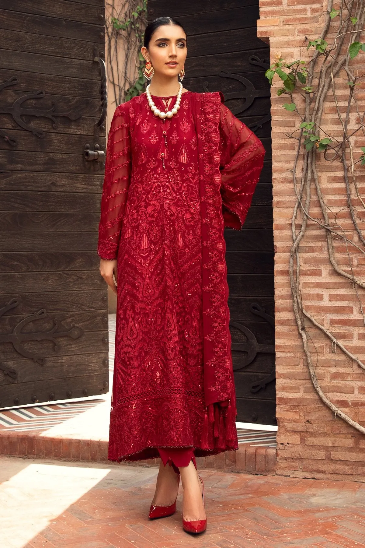 Embroidered Chiffon Dress In Crimson Color 2021 #PF142