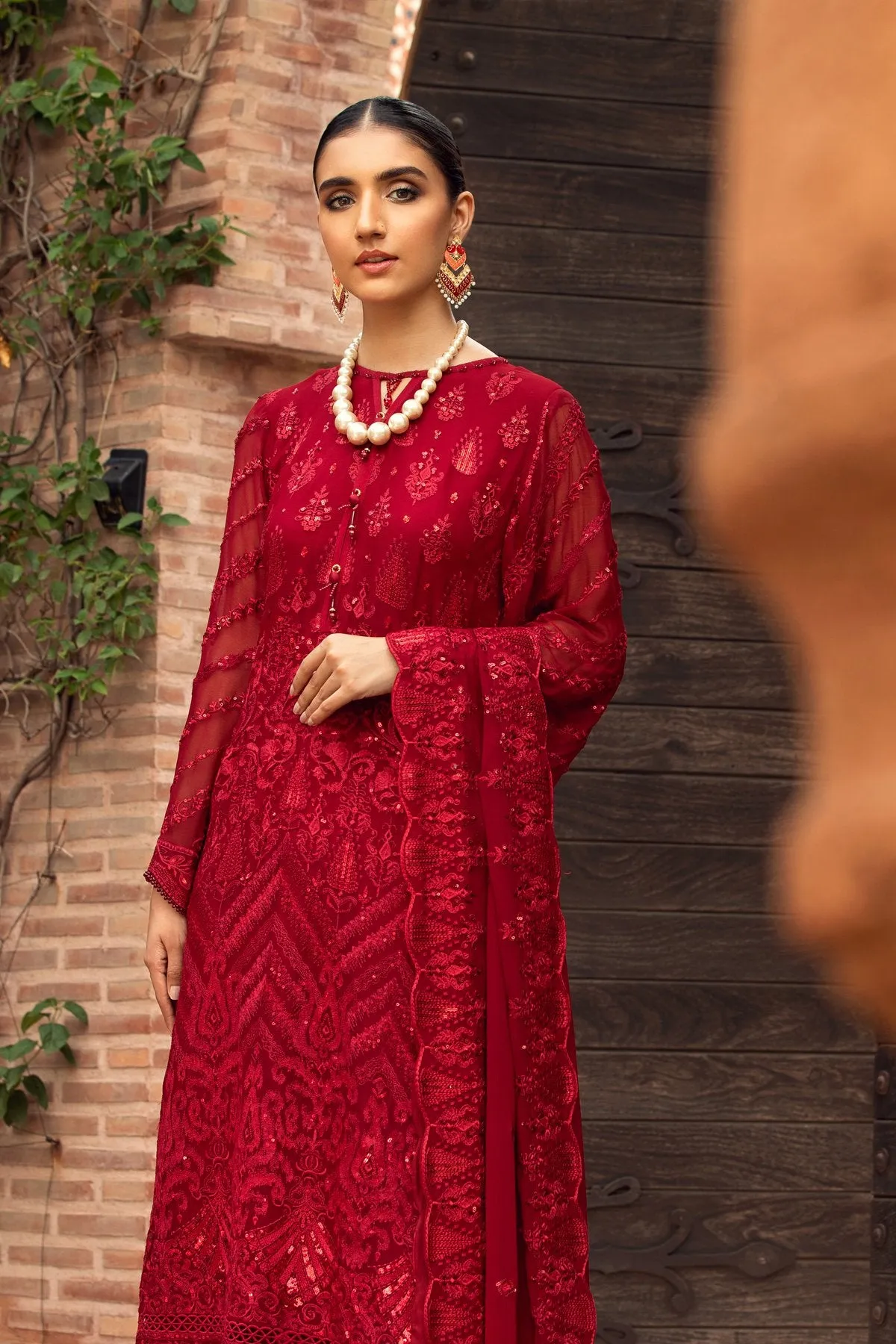 Embroidered Chiffon Dress In Crimson Color 2021 #PF142