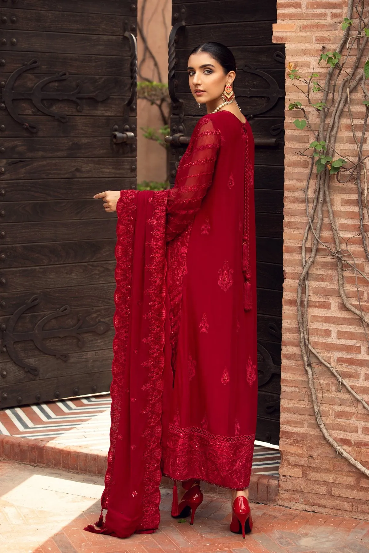Embroidered Chiffon Dress In Crimson Color 2021 #PF142