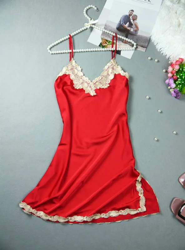 Embroidered Mini Night Dress Silk Lace Nightie Sleepwear