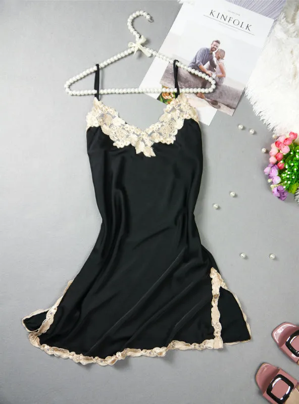 Embroidered Mini Night Dress Silk Lace Nightie Sleepwear