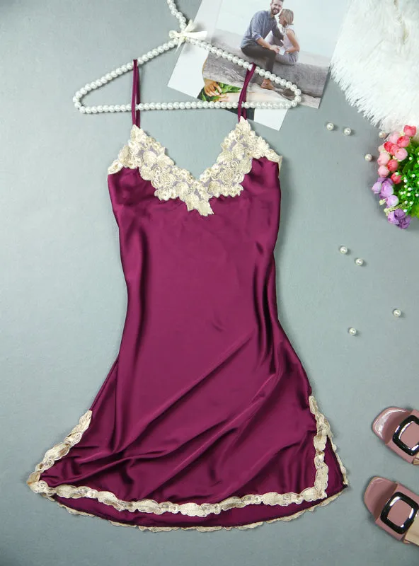 Embroidered Mini Night Dress Silk Lace Nightie Sleepwear