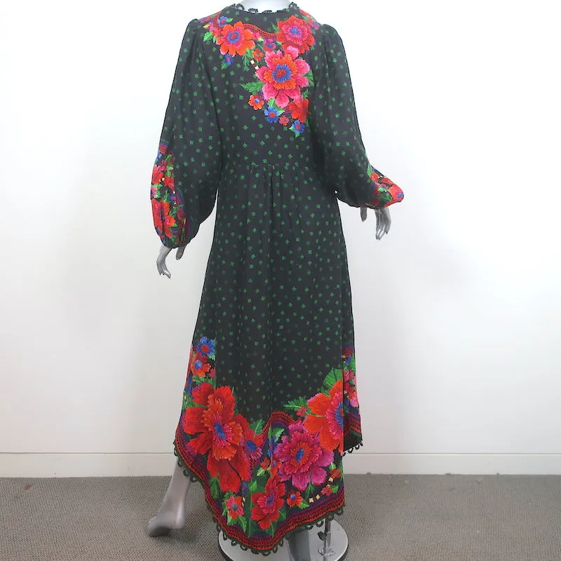 FARM Rio Blooming Garden Long Sleeve Maxi Dress Black Linen-Blend Size Medium