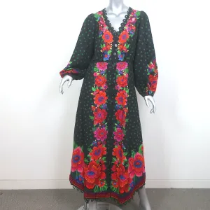 FARM Rio Blooming Garden Long Sleeve Maxi Dress Black Linen-Blend Size Medium