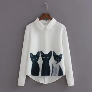 Fashion Cartoon Cat Brand Women's Loose Chiffon Three Cats Tops Long Sleeve Casual Blouse Autumn Shirts High Quality