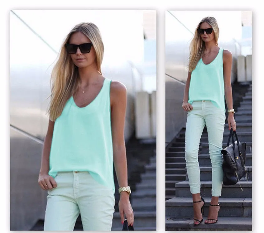 Fashion Spagetti Strap Vest Tank Top Womens Chiffon Sleeveless t-shirts Plus Size Camis T Shirt LJ3943E