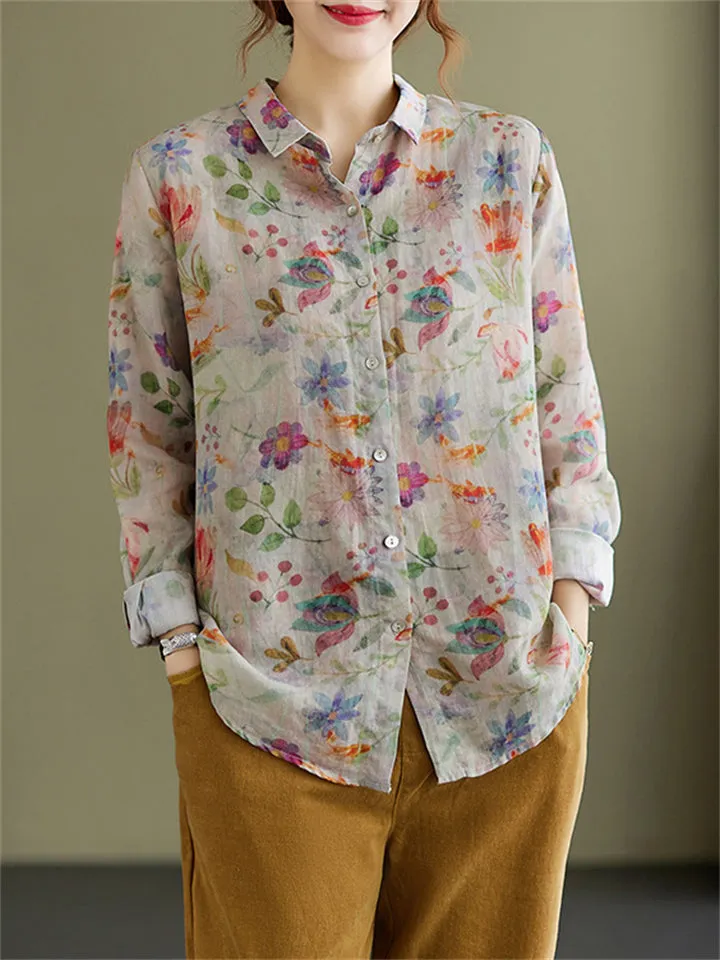 Female Cozy Literary Cotton Linen Floral Print Shirts