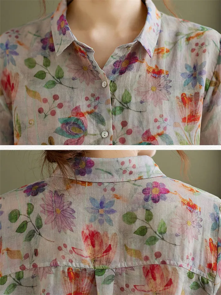 Female Cozy Literary Cotton Linen Floral Print Shirts
