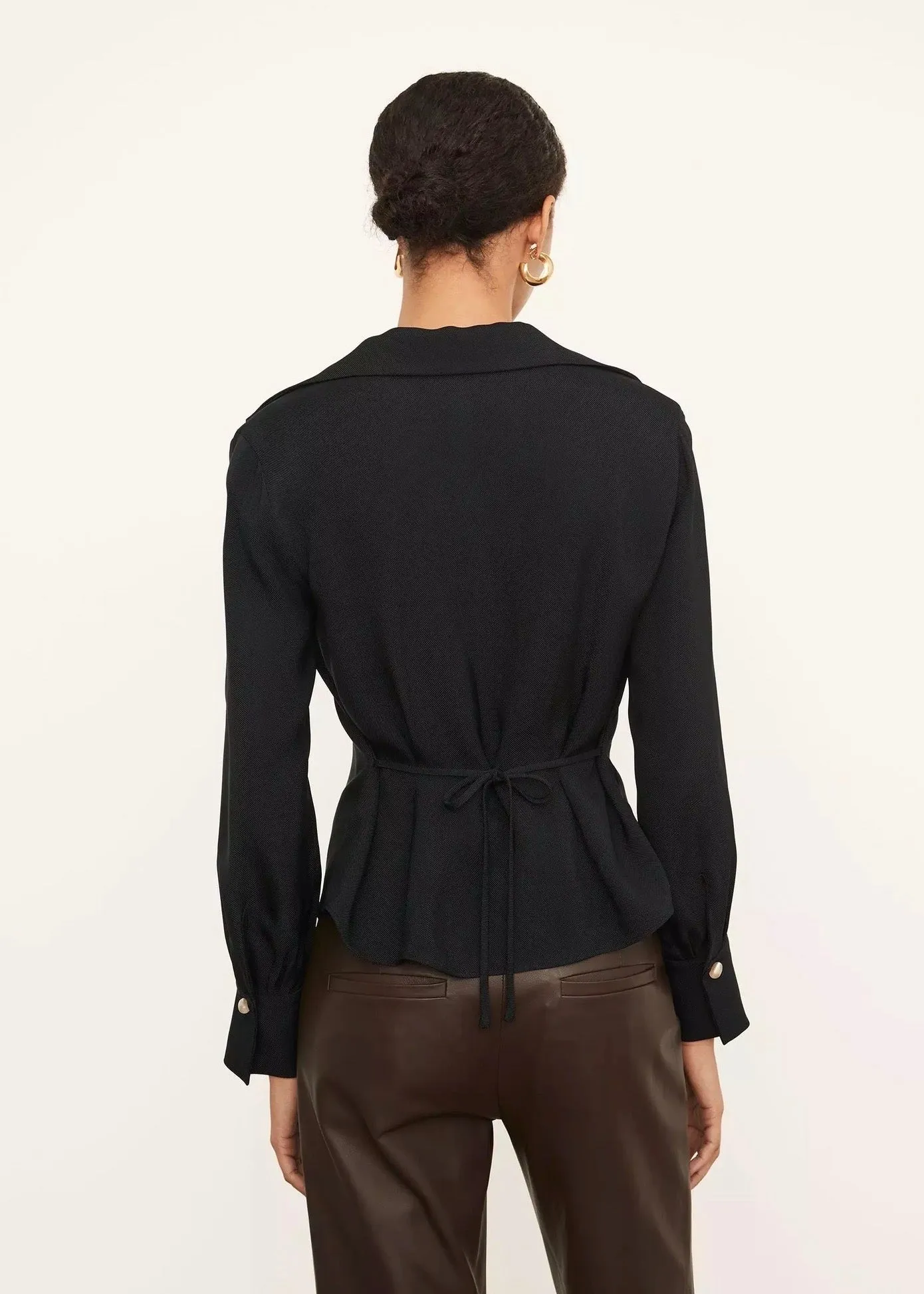 Fitted Shaped Collar Blouse With Pearl Buttons (Black)