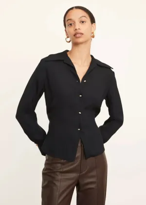 Fitted Shaped Collar Blouse With Pearl Buttons (Black)