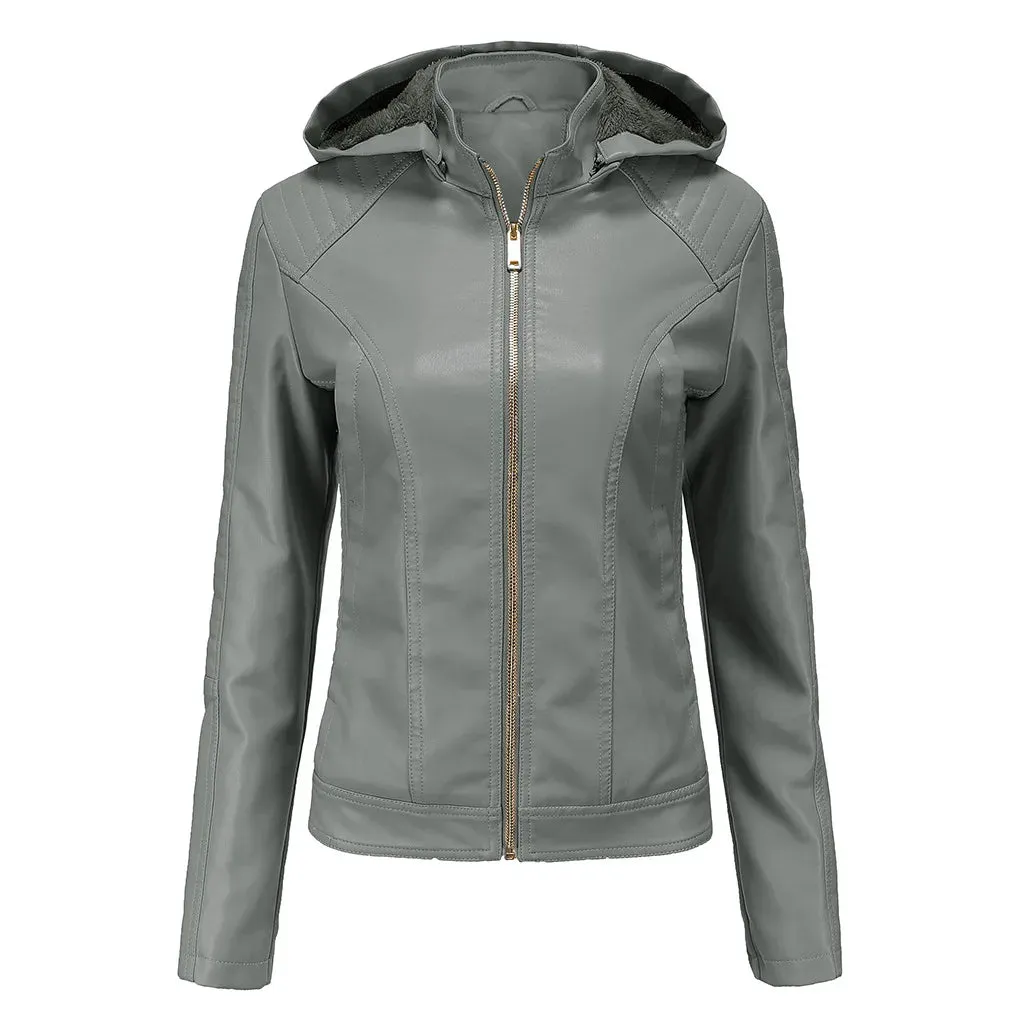 Fleece Hooded Leather Jacket Women's Trim Motorcycle Women Coat Zipper Switch Tops Red Khaki Grey