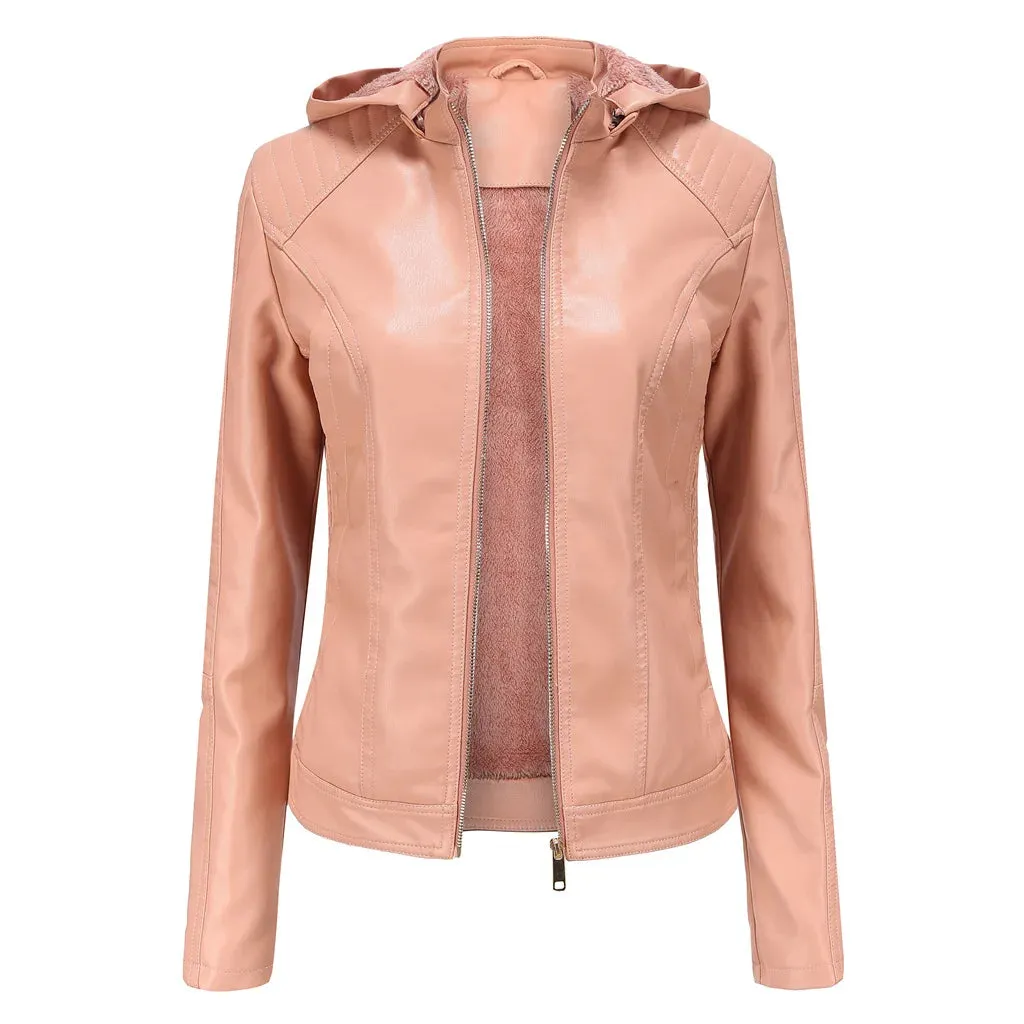 Fleece Hooded Leather Jacket Women's Trim Motorcycle Women Coat Zipper Switch Tops Red Khaki Grey