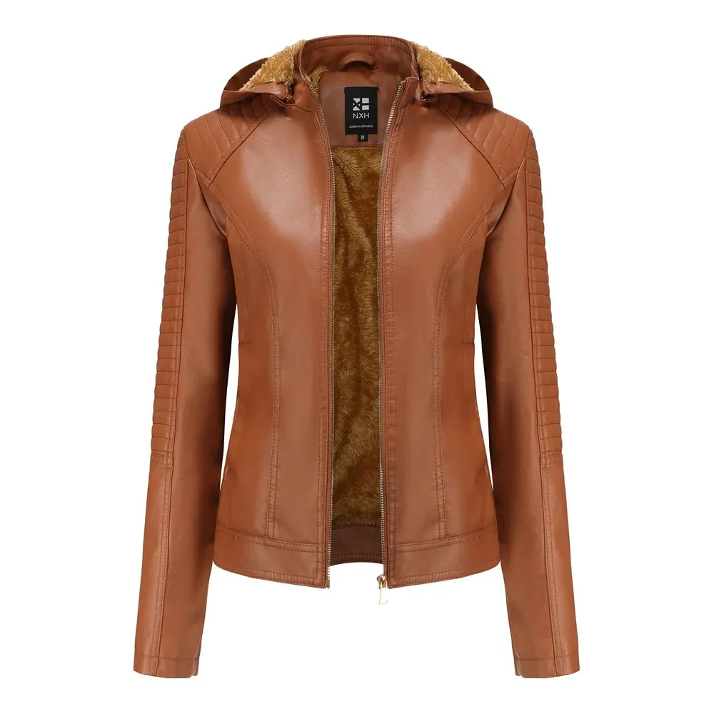 Fleece Hooded Leather Jacket Women's Trim Motorcycle Women Coat Zipper Switch Tops Red Khaki Grey