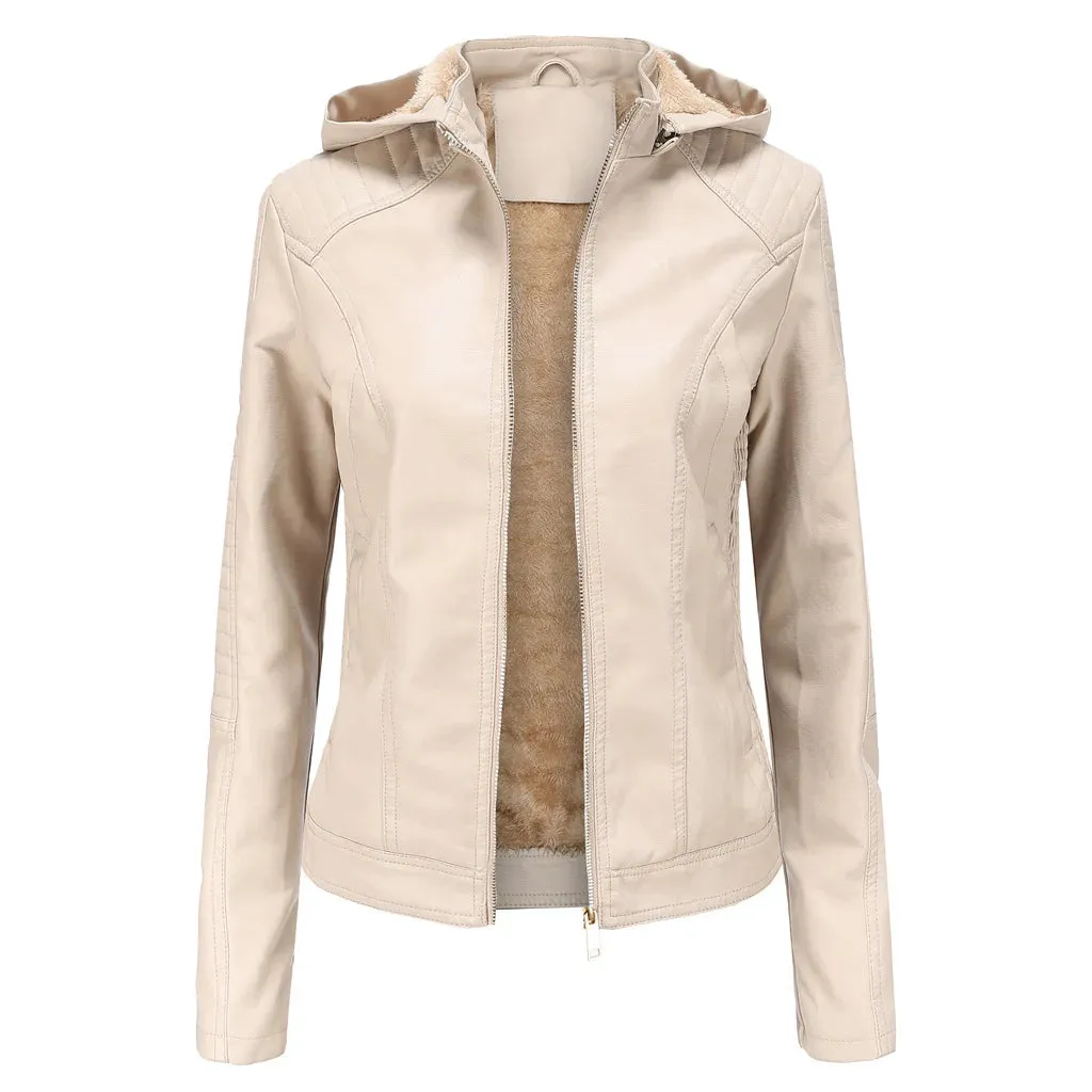 Fleece Hooded Leather Jacket Women's Trim Motorcycle Women Coat Zipper Switch Tops Red Khaki Grey
