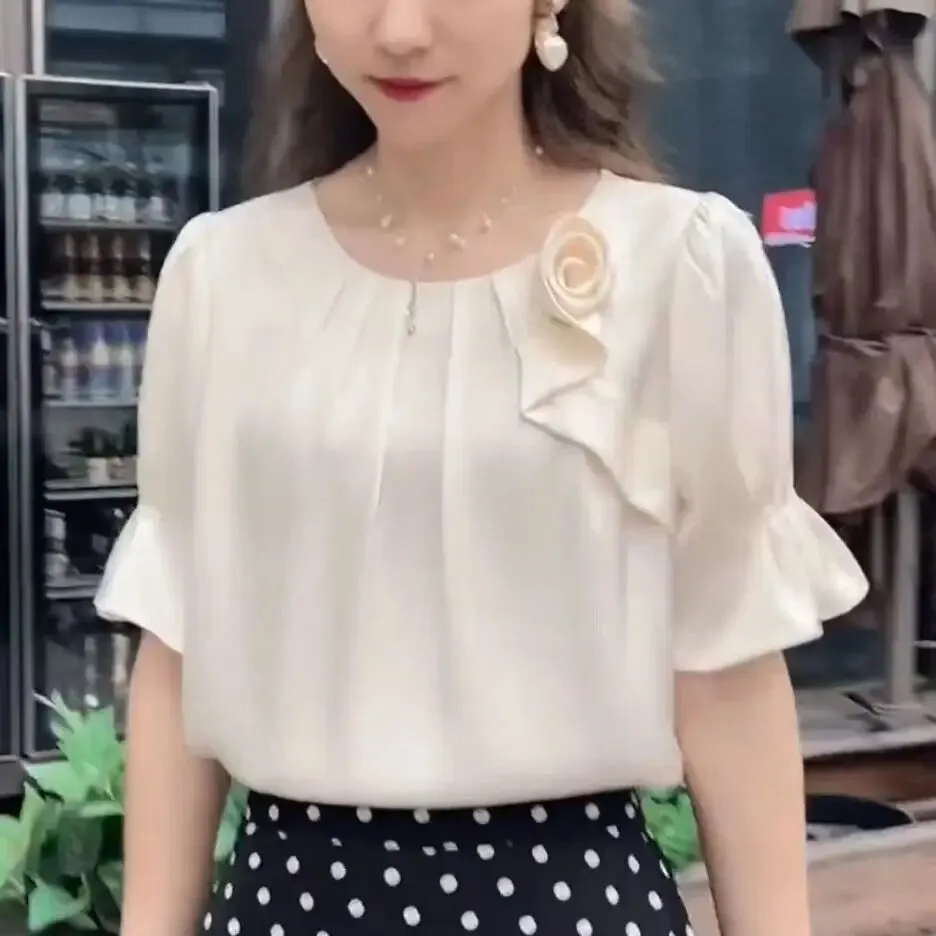 Folds Spliced Blouse Fashion All-match Round Neck Short Sleeve Shirt Women's