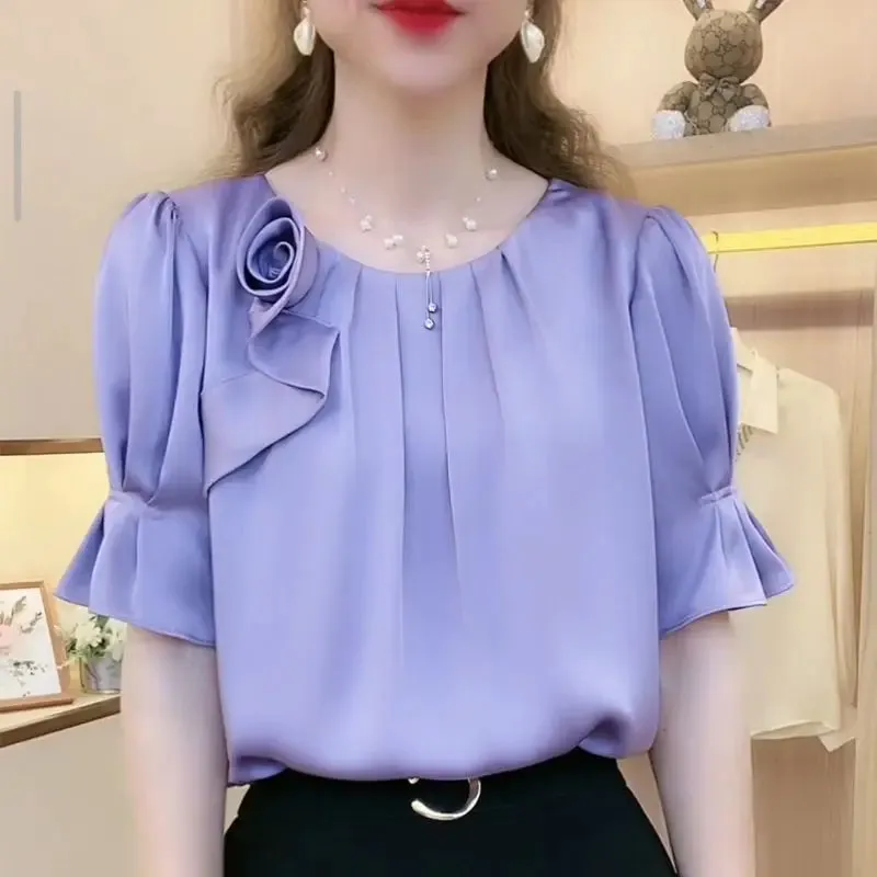 Folds Spliced Blouse Fashion All-match Round Neck Short Sleeve Shirt Women's