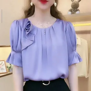 Folds Spliced Blouse Fashion All-match Round Neck Short Sleeve Shirt Women's