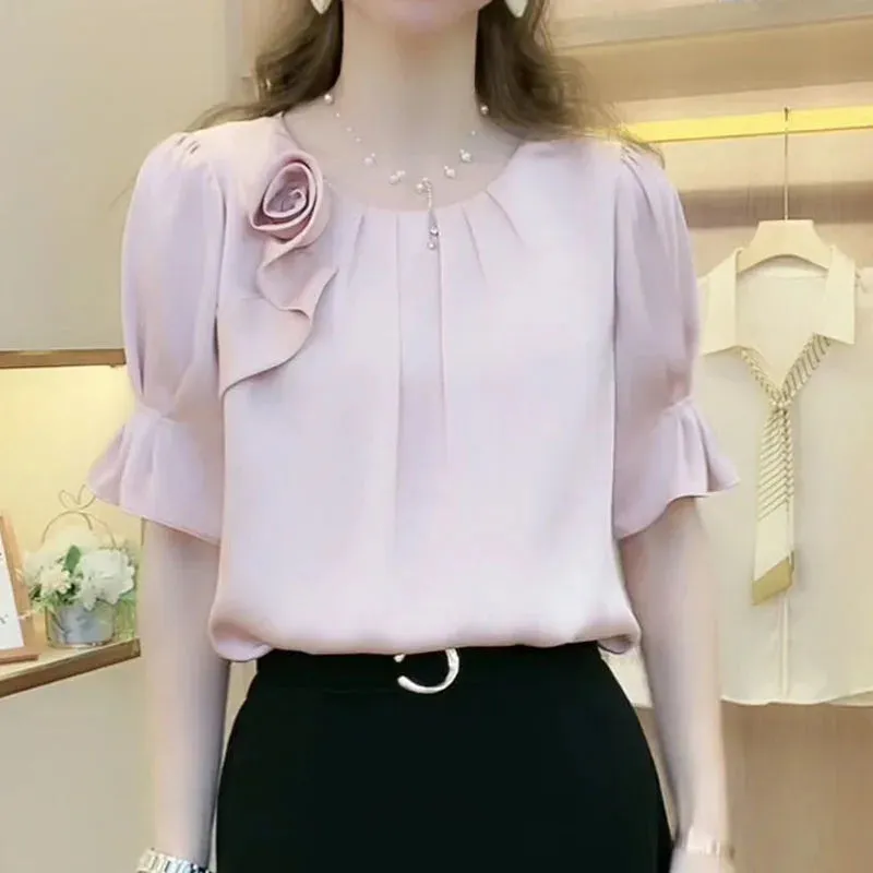 Folds Spliced Blouse Fashion All-match Round Neck Short Sleeve Shirt Women's