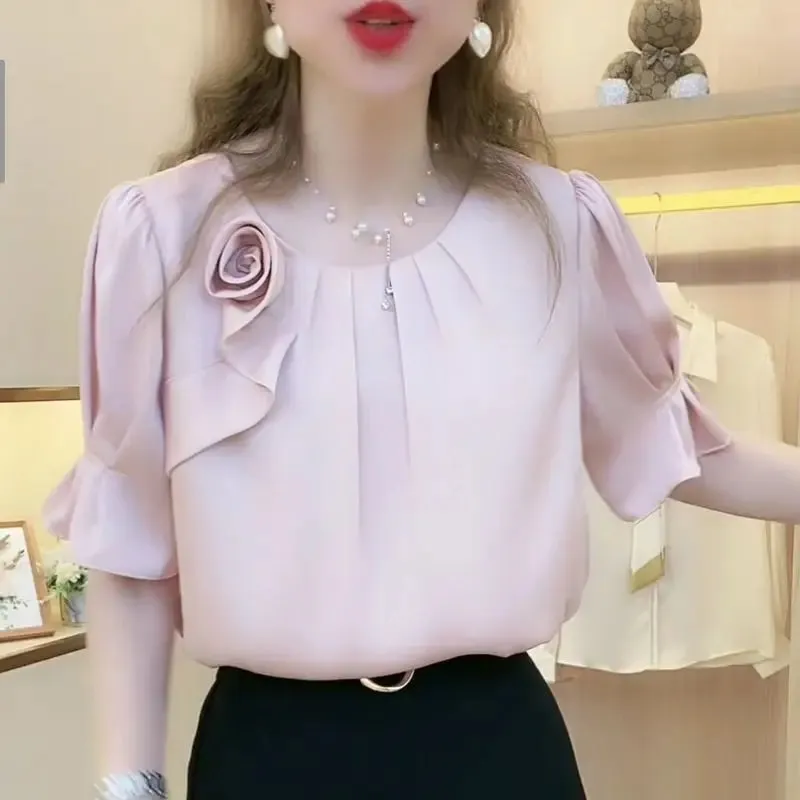 Folds Spliced Blouse Fashion All-match Round Neck Short Sleeve Shirt Women's