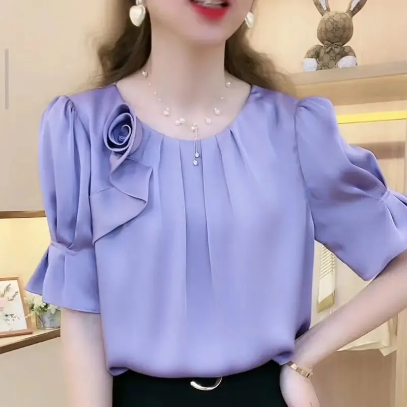 Folds Spliced Blouse Fashion All-match Round Neck Short Sleeve Shirt Women's