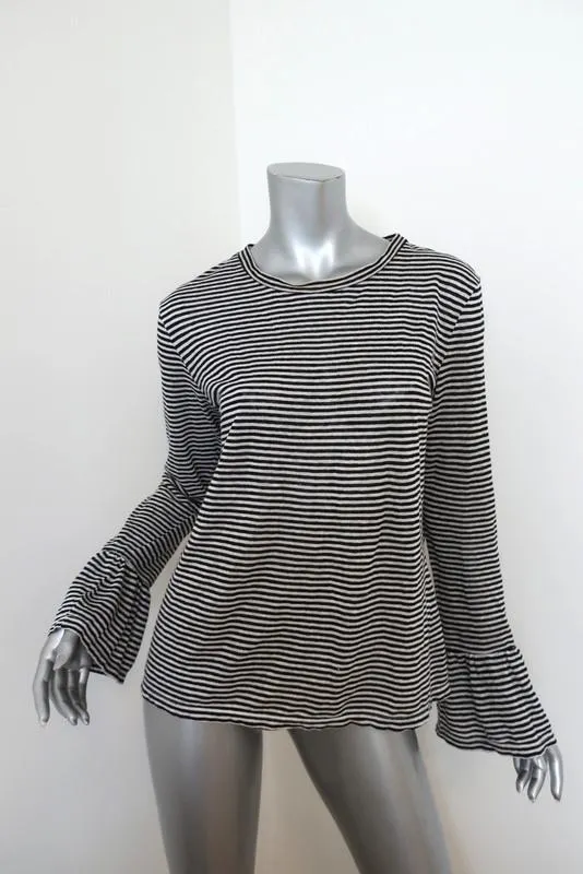 FRAME Ruffle Cuff Long Sleeve Top Black/White Striped Linen Size Small