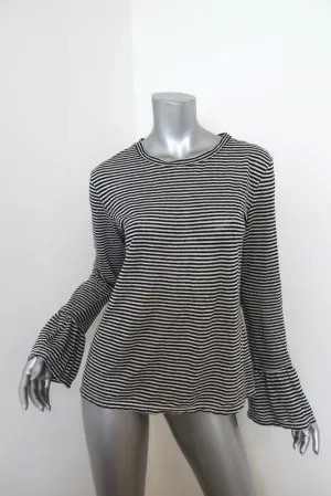 FRAME Ruffle Cuff Long Sleeve Top Black/White Striped Linen Size Small