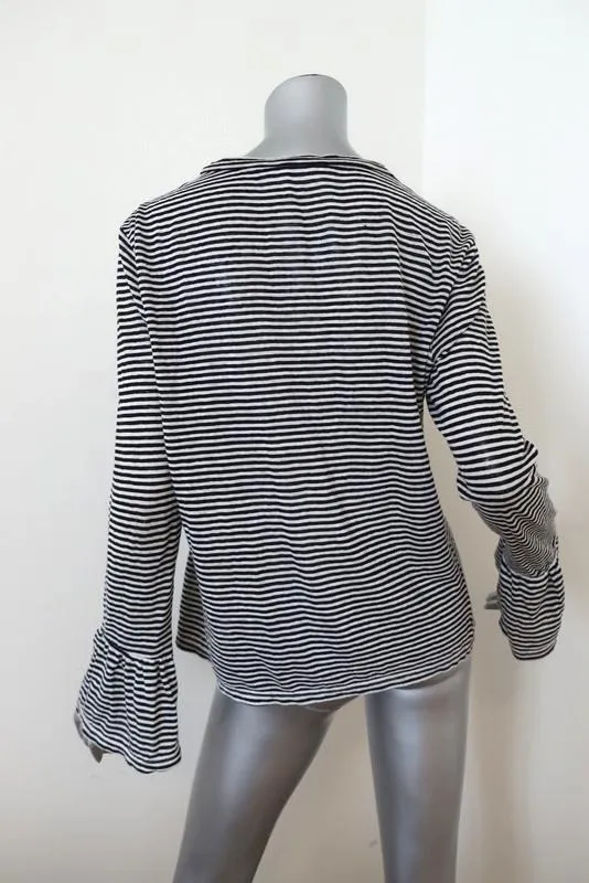 FRAME Ruffle Cuff Long Sleeve Top Black/White Striped Linen Size Small