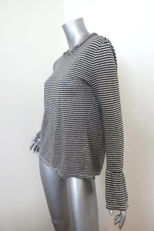 FRAME Ruffle Cuff Long Sleeve Top Black/White Striped Linen Size Small