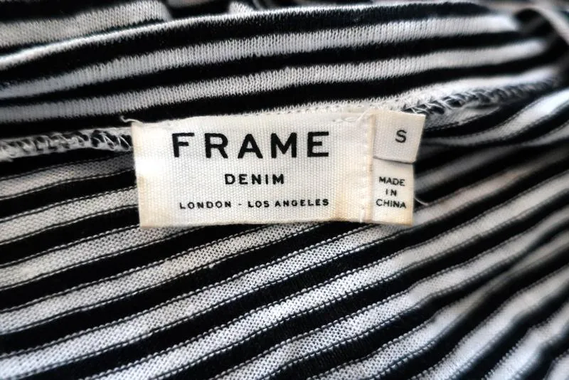 FRAME Ruffle Cuff Long Sleeve Top Black/White Striped Linen Size Small