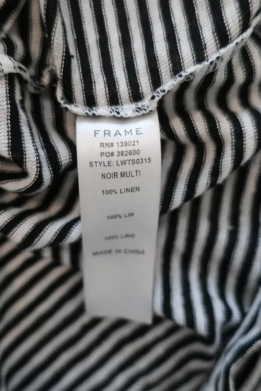 FRAME Ruffle Cuff Long Sleeve Top Black/White Striped Linen Size Small