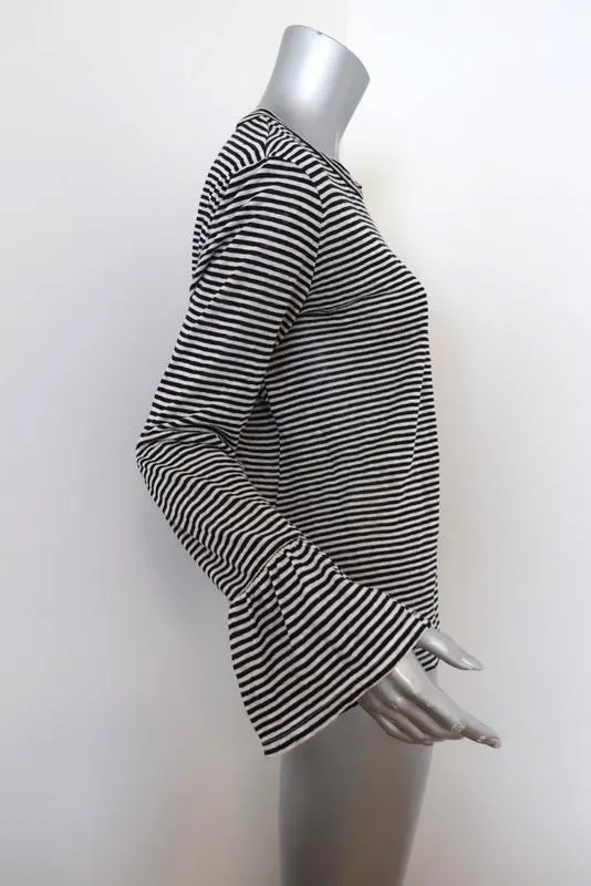 FRAME Ruffle Cuff Long Sleeve Top Black/White Striped Linen Size Small