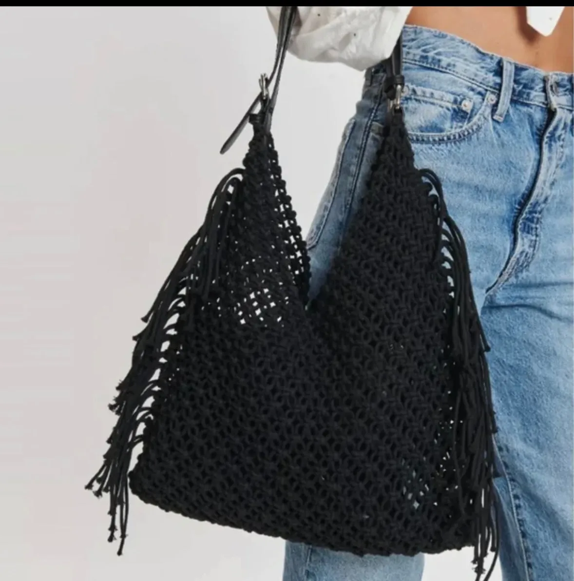 Fringe Shoulder Tote Black