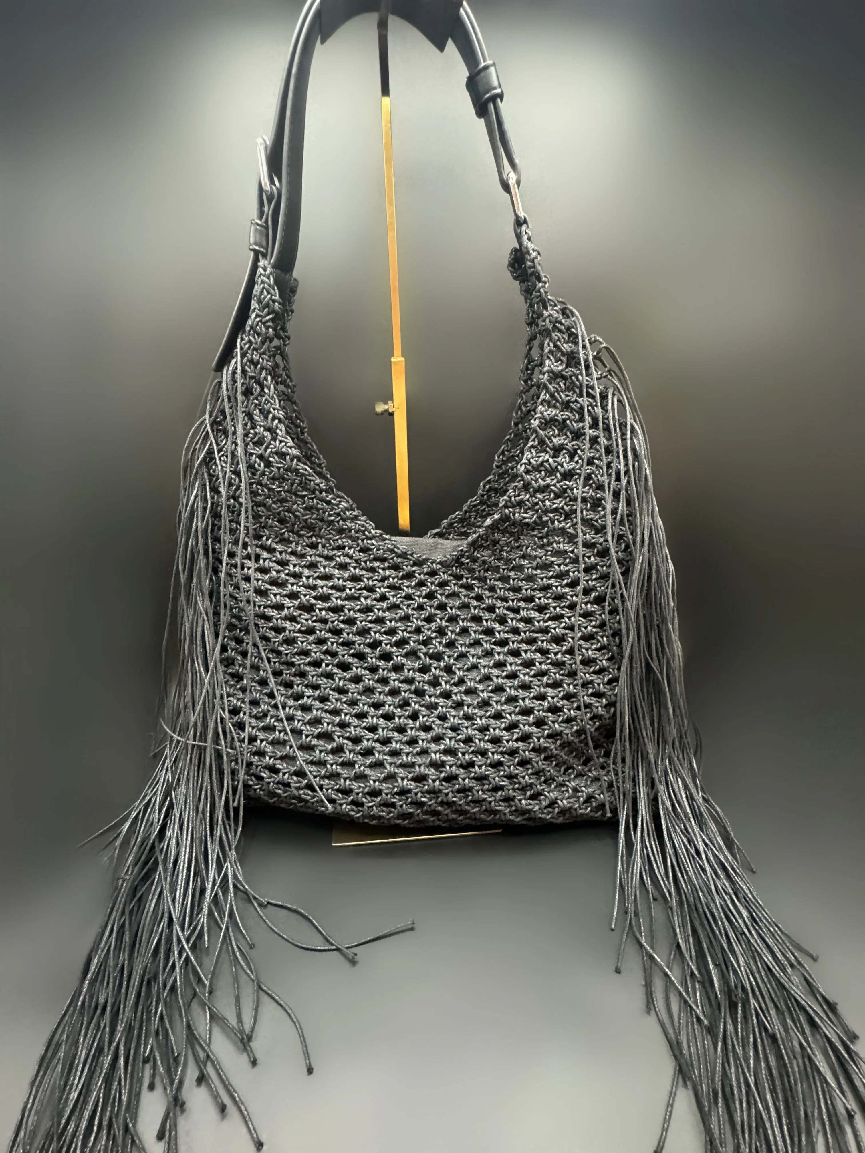 Fringe Shoulder Tote Black