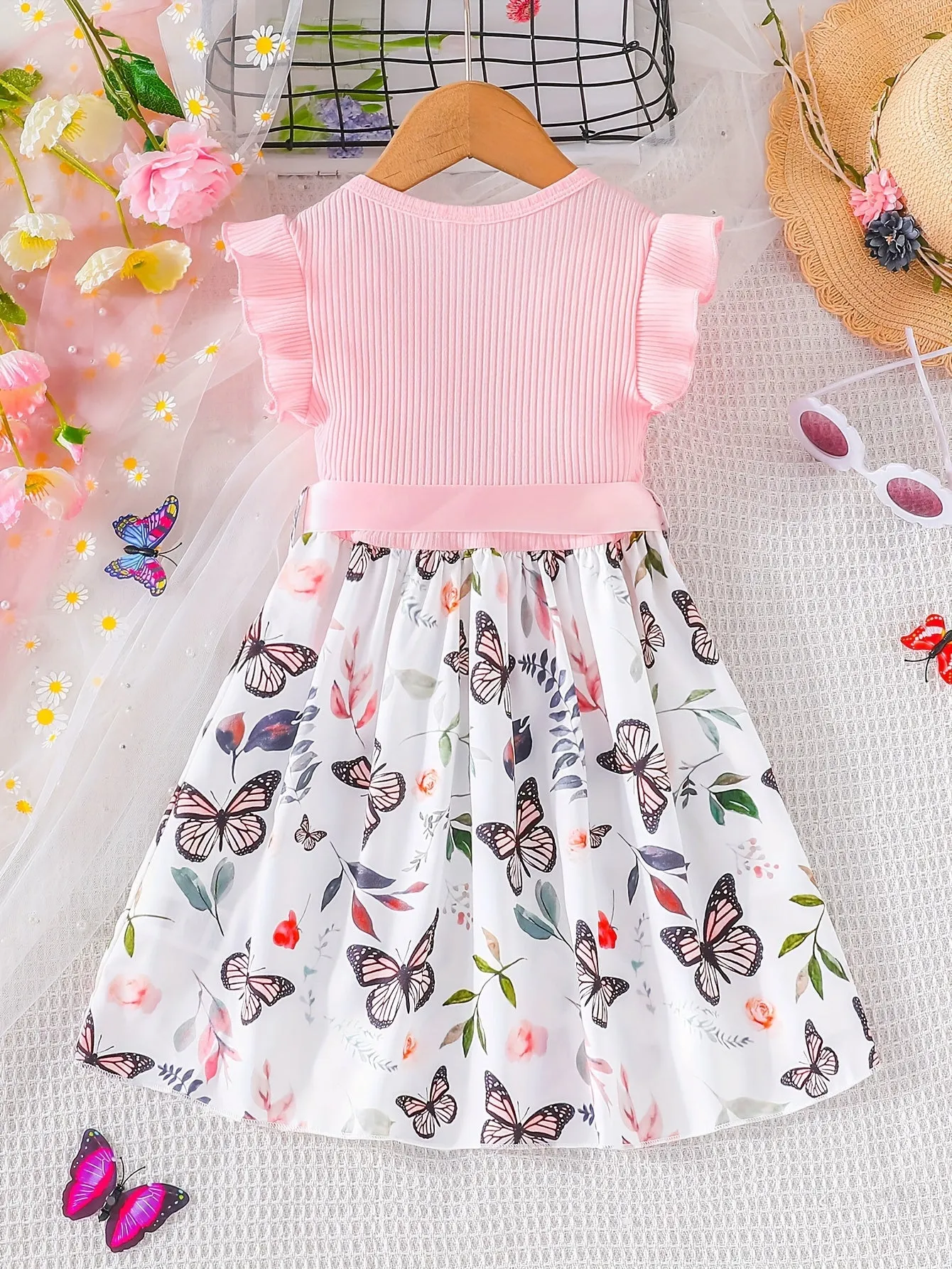 Girls Fluttery Butterfly Print Spliced Ruffle Sleeveless Midi Dress - Casual Summer Vacation Style - Perfect Holiday Gift