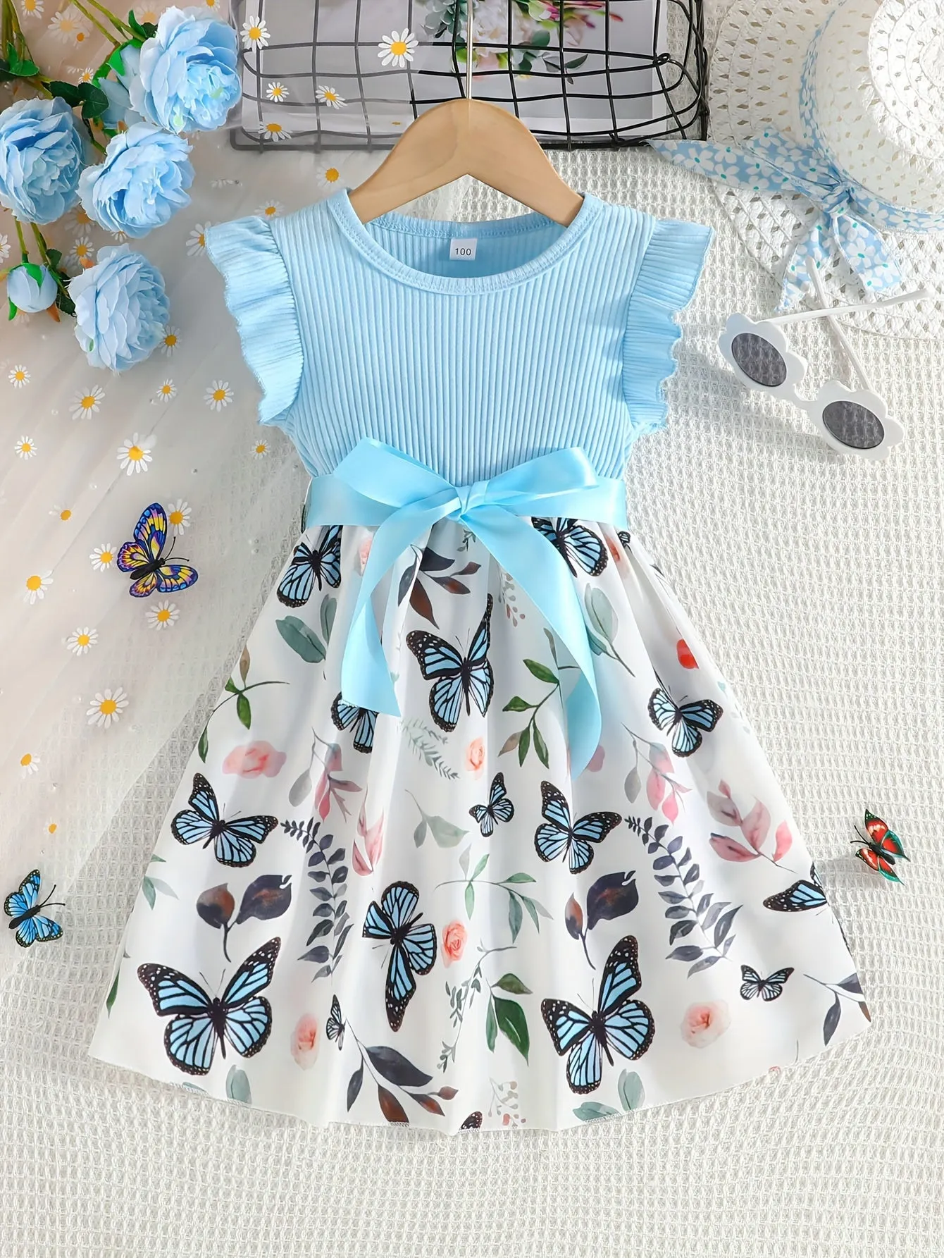 Girls Fluttery Butterfly Print Spliced Ruffle Sleeveless Midi Dress - Casual Summer Vacation Style - Perfect Holiday Gift