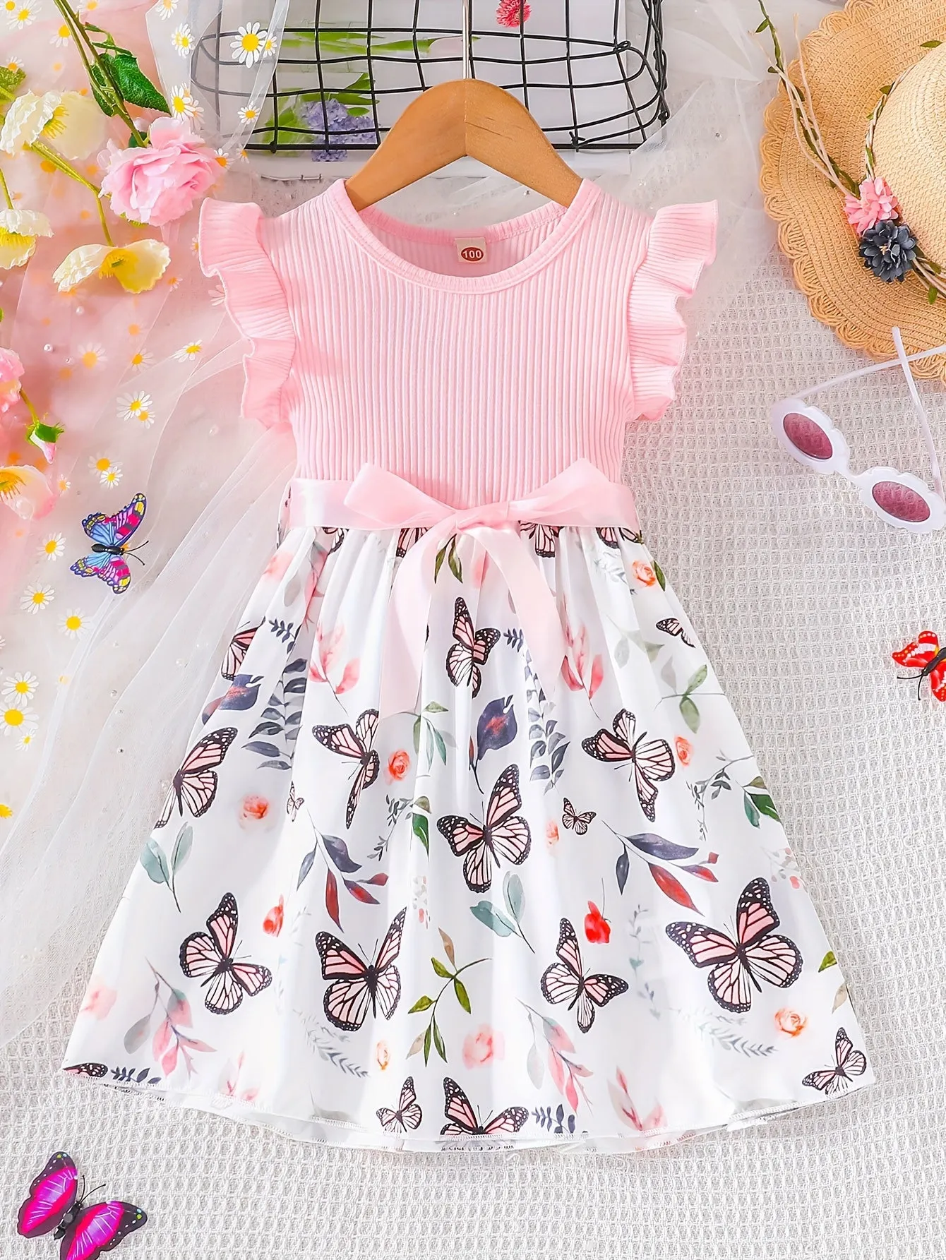 Girls Fluttery Butterfly Print Spliced Ruffle Sleeveless Midi Dress - Casual Summer Vacation Style - Perfect Holiday Gift
