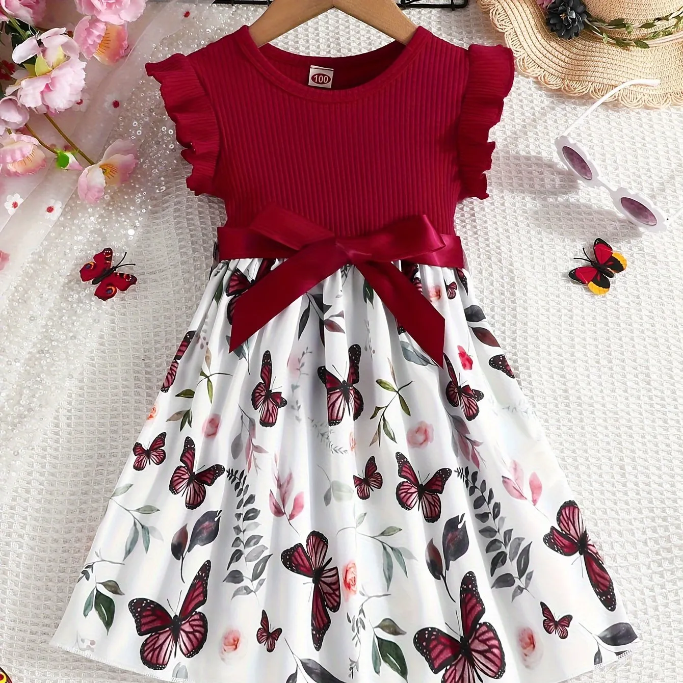 Girls Fluttery Butterfly Print Spliced Ruffle Sleeveless Midi Dress - Casual Summer Vacation Style - Perfect Holiday Gift