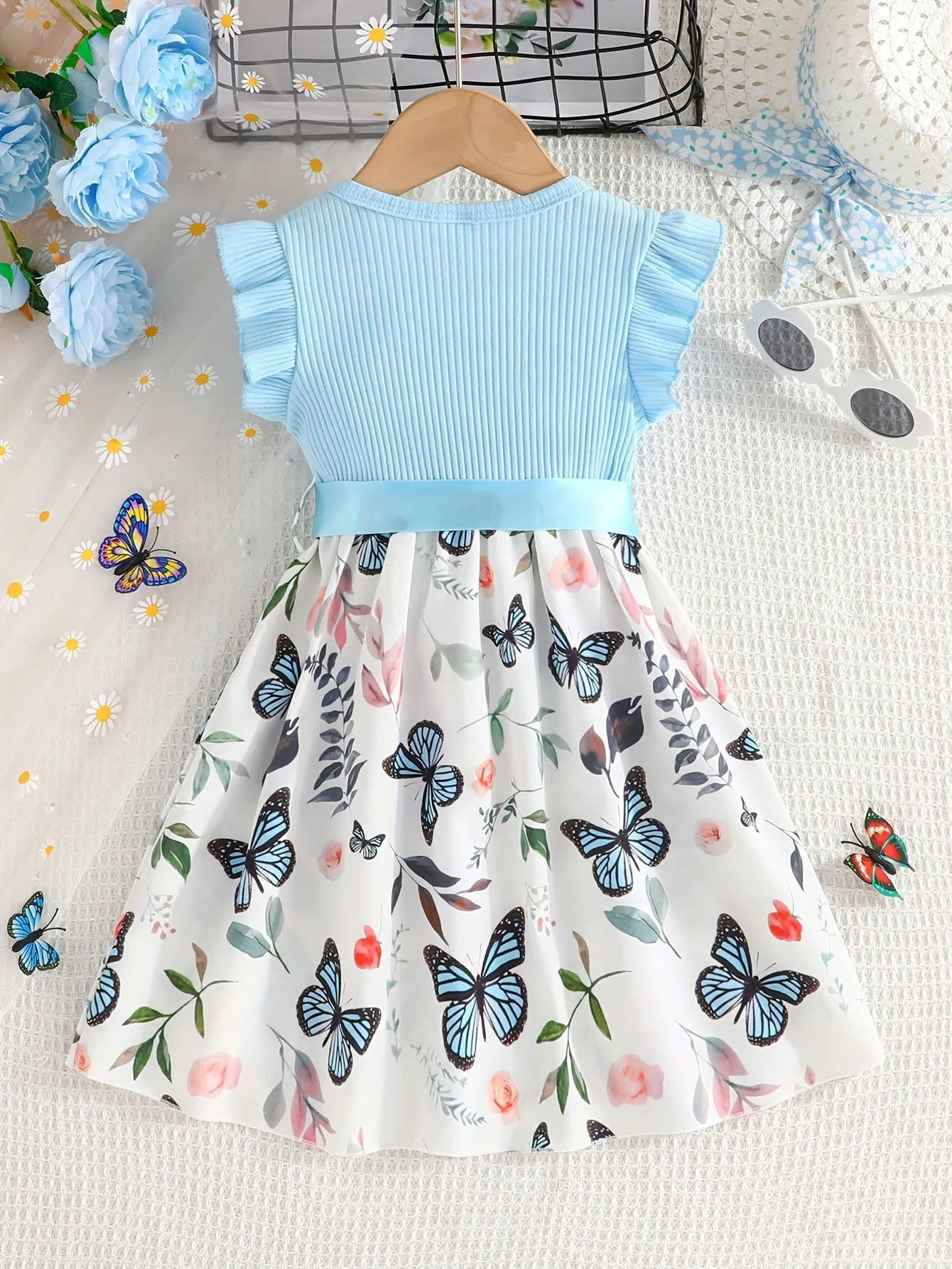 Girls Fluttery Butterfly Print Spliced Ruffle Sleeveless Midi Dress - Casual Summer Vacation Style - Perfect Holiday Gift
