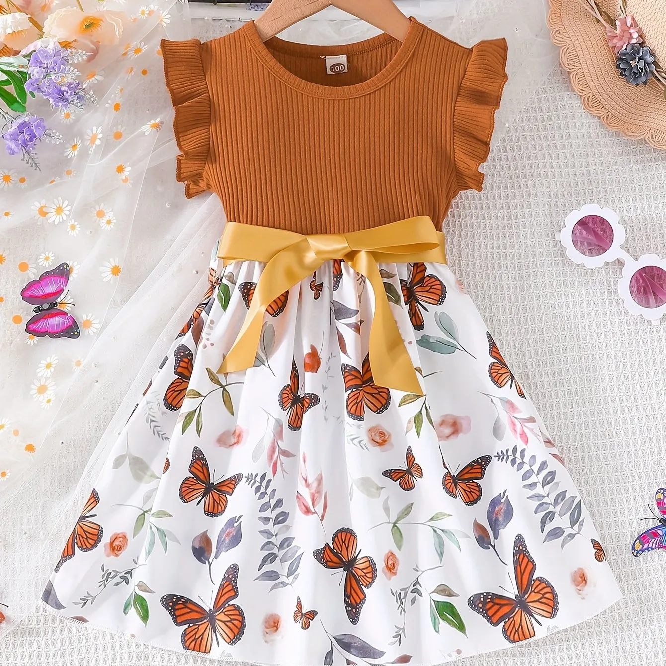 Girls Fluttery Butterfly Print Spliced Ruffle Sleeveless Midi Dress - Casual Summer Vacation Style - Perfect Holiday Gift
