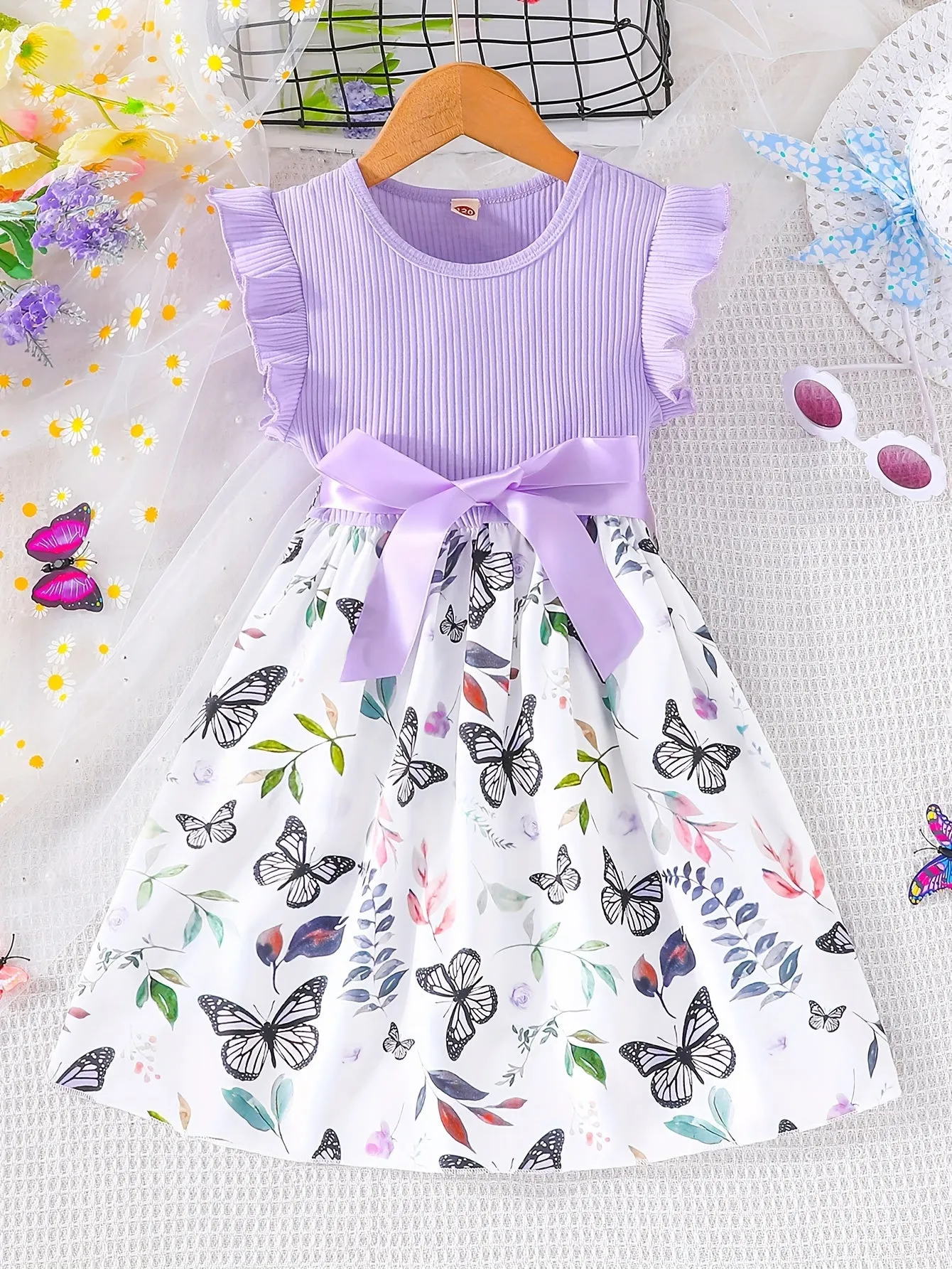 Girls Fluttery Butterfly Print Spliced Ruffle Sleeveless Midi Dress - Casual Summer Vacation Style - Perfect Holiday Gift