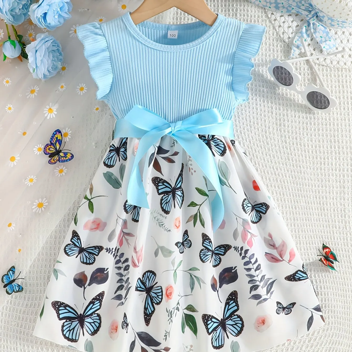 Girls Fluttery Butterfly Print Spliced Ruffle Sleeveless Midi Dress - Casual Summer Vacation Style - Perfect Holiday Gift