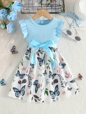 Girls Fluttery Butterfly Print Spliced Ruffle Sleeveless Midi Dress - Casual Summer Vacation Style - Perfect Holiday Gift