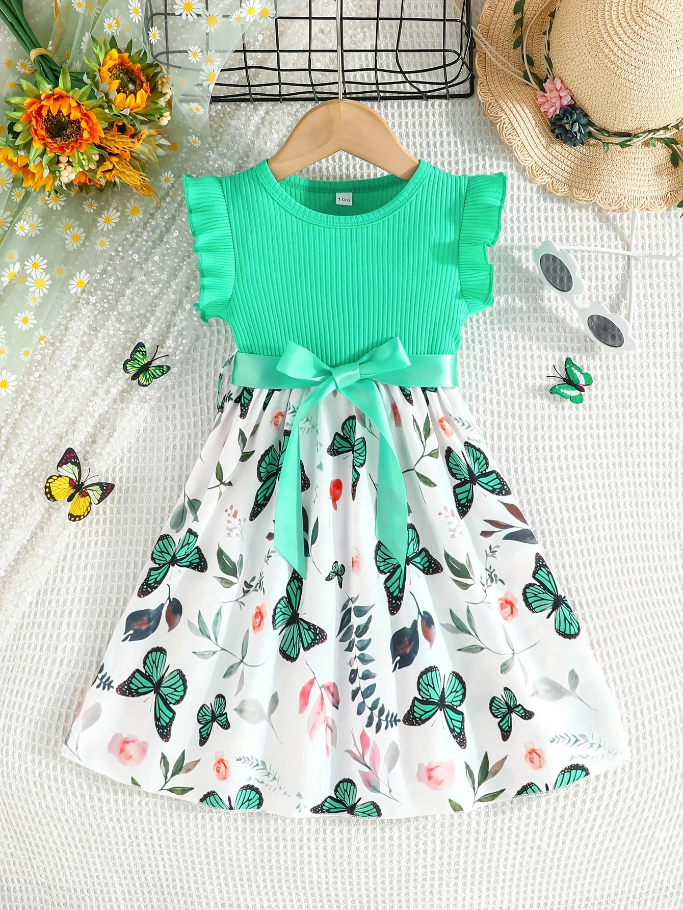 Girls Fluttery Butterfly Print Spliced Ruffle Sleeveless Midi Dress - Casual Summer Vacation Style - Perfect Holiday Gift