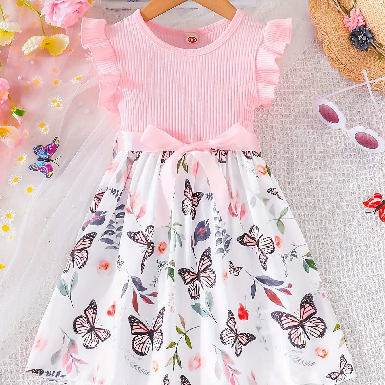 Girls Fluttery Butterfly Print Spliced Ruffle Sleeveless Midi Dress - Casual Summer Vacation Style - Perfect Holiday Gift